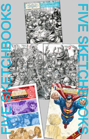 Five sketchbook set of superhero comic prints