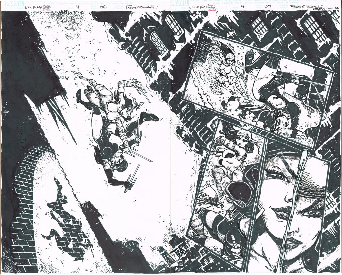 Original Black and white Art of Elektra Fighting