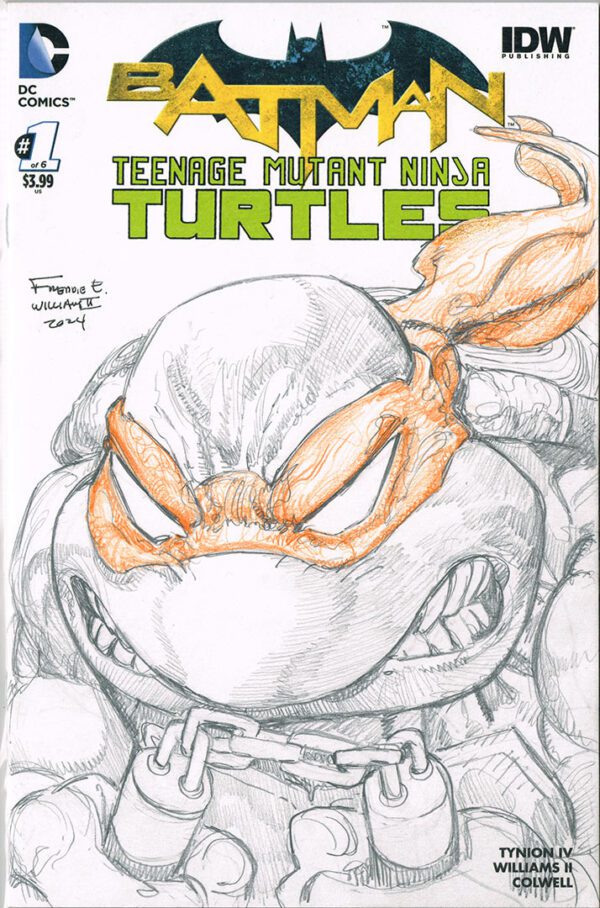 Mikey Pencil Head Sketch on weird Batman/TMNT V1 Second Printing Blank