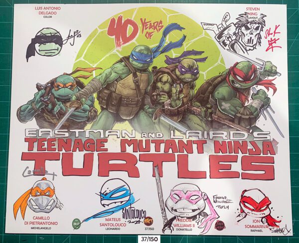 Number 37/150<br>TMNT 40th anniversary<br>6 Sigs & Remarques<br>Granite Con 2024<br>17x14