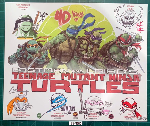 Number 39/150<br>TMNT 40th anniversary<br>6 Sigs & Remarques<br>Granite Con 2024<br>17x14