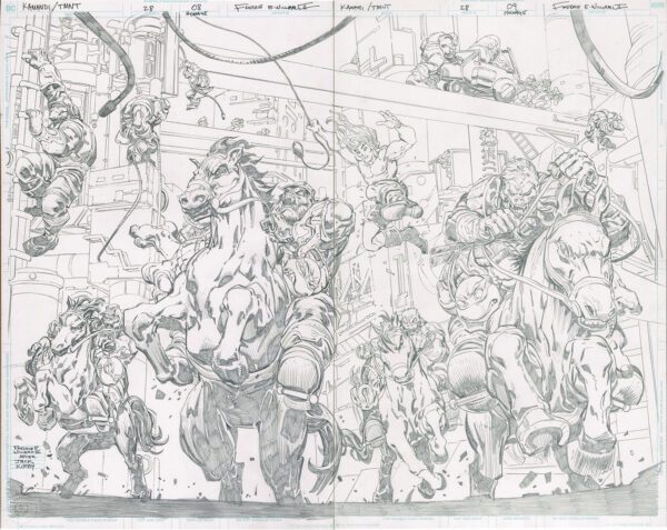 Kamandi/TMNT<br>Pitch Art<br>Issue 28 Pages 08-09 Homage<br>Pencil Study<br>21x17