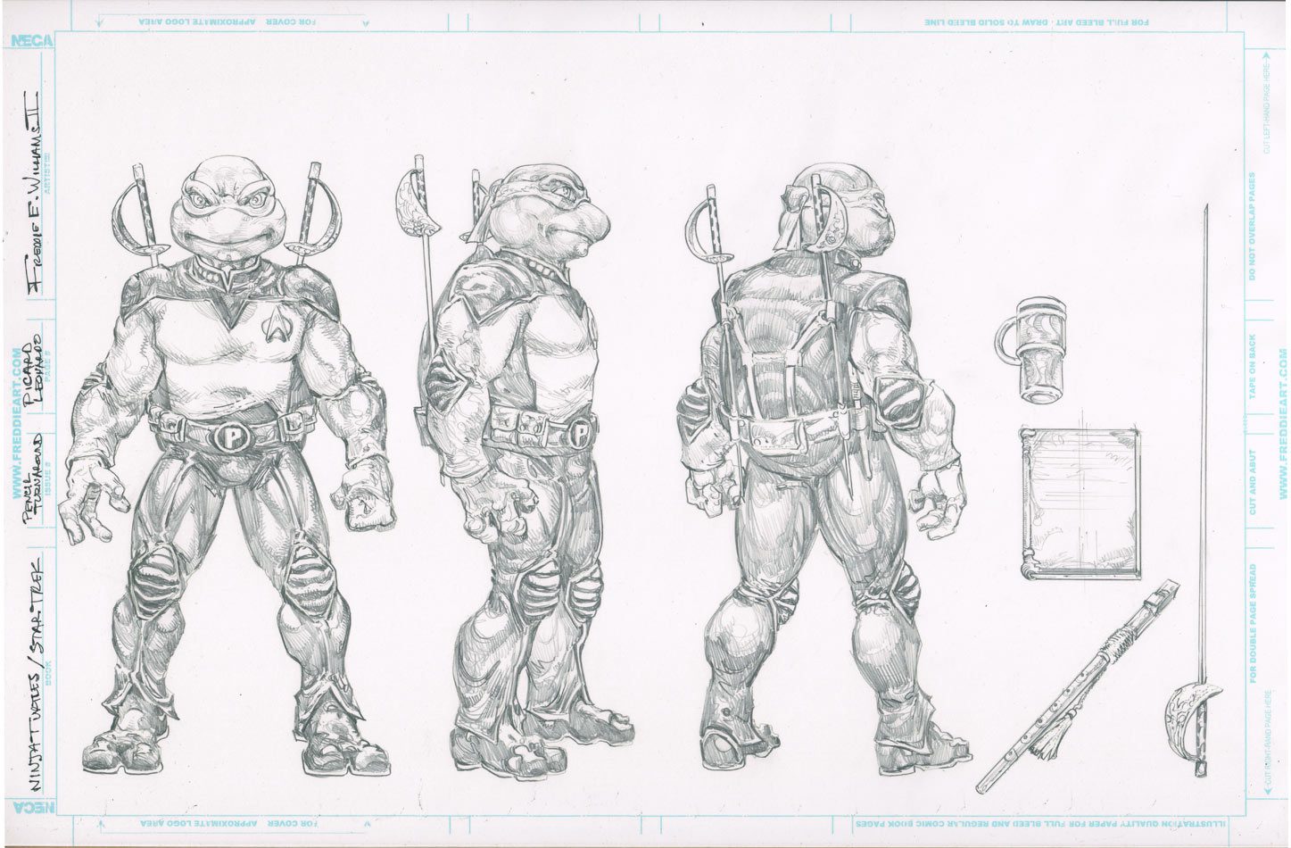 TMNT / Star Trek TNG<br>Picard (Leonardo)<br>NECA Pencil design / study <br>17x11